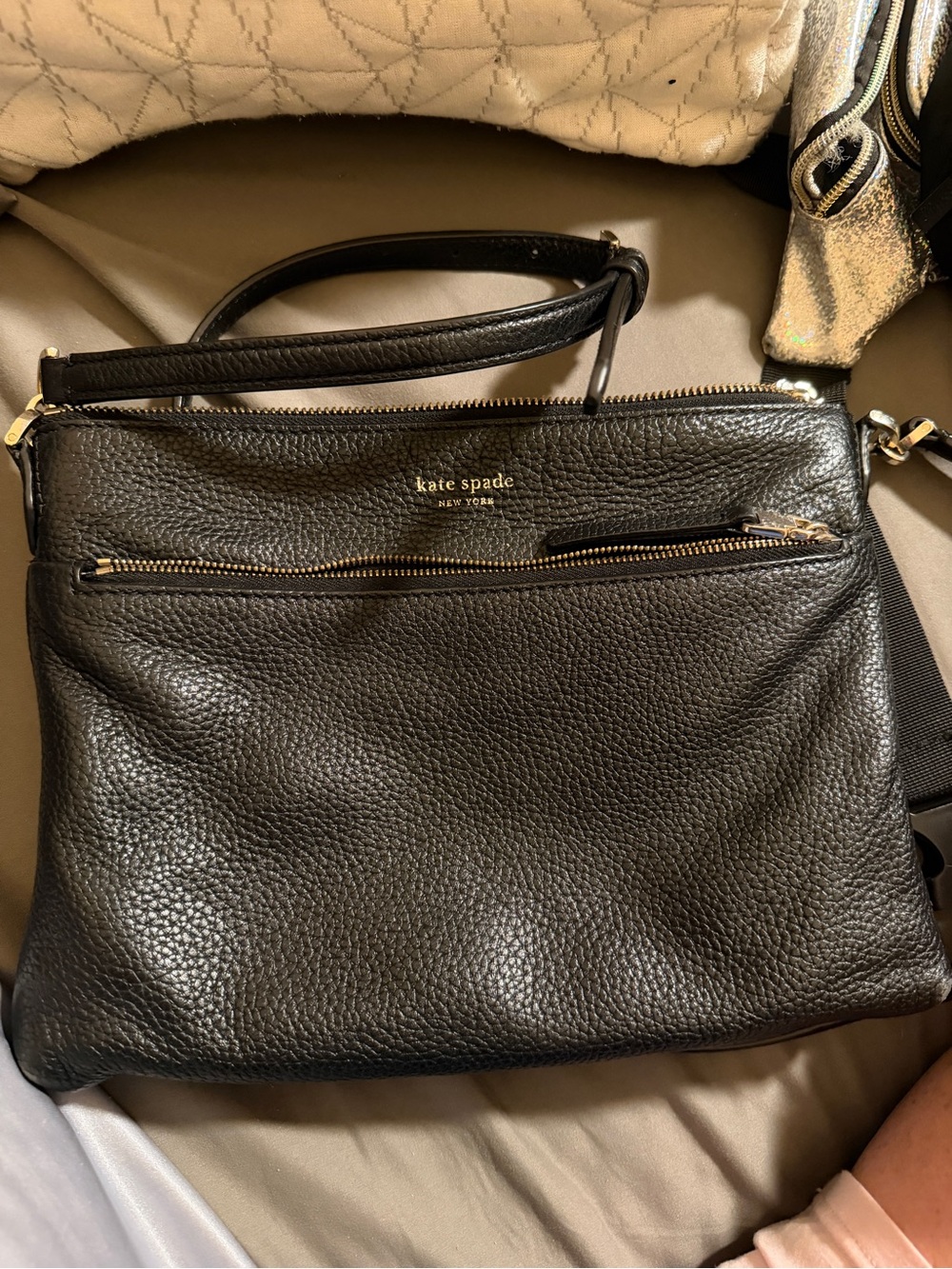 kate spade Black Pebbled Leather Crossbody with Front Zip